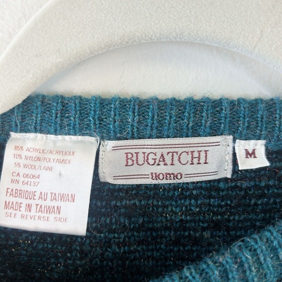 Vintage Bugatchi Sweater Mens M Crew Neck Pullover 90s‎ 80s All Over Print Teal - Picture 5 of 12